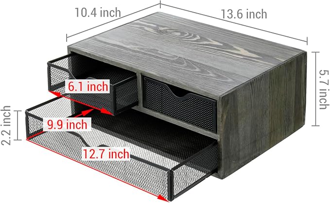 MyGift Vintage Weathered Gray Solid Wood Desktop Organizer Box with 3 Removable Black Metal Mesh Trays, Office Desk Supplies Storage Drawers for Accessories - Image 3