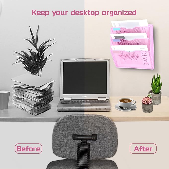 3 Pockets Mesh Wall File Holder Organizer Office Hanging File Folder Magazine Rack, Nametag Label Hooks Set Included (Pink) - Image 6