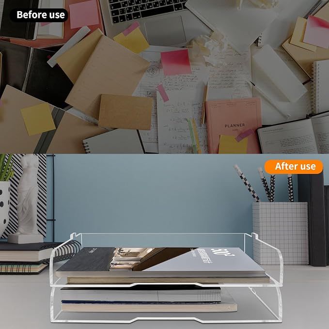 2 Pack- Stackable Paper Letter Tray,Clear Acrylic Magazine Holder and File Organizer - Sleek Desk Organizer for Home Office, Bookshelf, or Workspace - Space-Saving Transparent Document Holder - Image 5