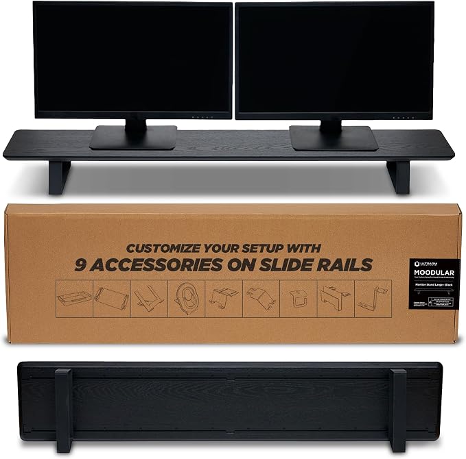 Moodular Wooden Monitor Stand Desk Organizer, Large 45.6" Black | Customizable Organized Workspace, Aluminum Slide Rails, 10 Add-Ons Sold Separately: Storage Drawer, Tablet, Phone & More by ULTRARM