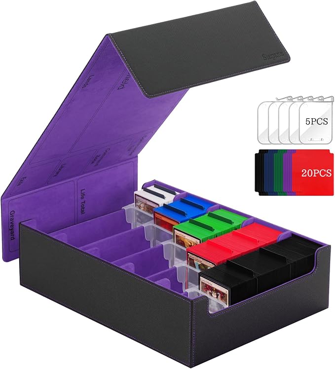 5 Row Trading Card Storage Box, 3800+Bulk Card Organizer Box with 20 Dividers & 5 Supporters, Graded Card Deck Box for YuGiOh, MTG, TCG Black/Violet by Stepane
