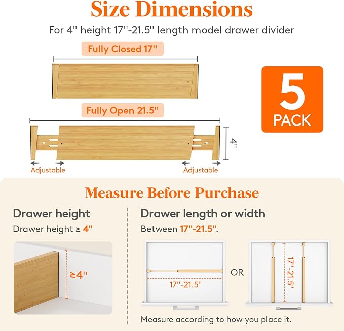 Lifewit 4" High 5 Pack Bamboo Drawer Dividers 43-54cm/17-21.5" Adjustable Wooden Drawer Organizer for Clothes/Utensils, Expandable Drawer Separator for Dresser/Kitchen/Bedroom/Office Organization - Image 2