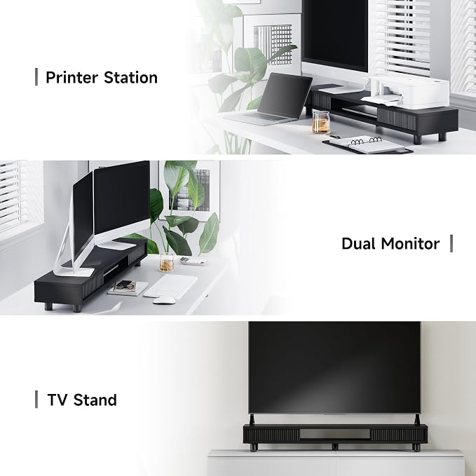 Fenge Dual Monitor Stand with Storage, Desk Shelf with Glass Sliding Door | Ergonomic Height Adjustment, 42.5in Monitor Shelf, 2-Tier Monitor Riser, Desk Organizer for Screen, PC, Laptop, Balck - Image 6