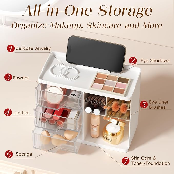 Small Makeup Organizer with Drawers, Stackable Bathroom Couneter Organizer with Phone Holder, Versatile Vanity Organizer Countertop, Cosmetic Organizer for Makeup Brush, Skin Care, Lotion -White,2Pack - Image 2