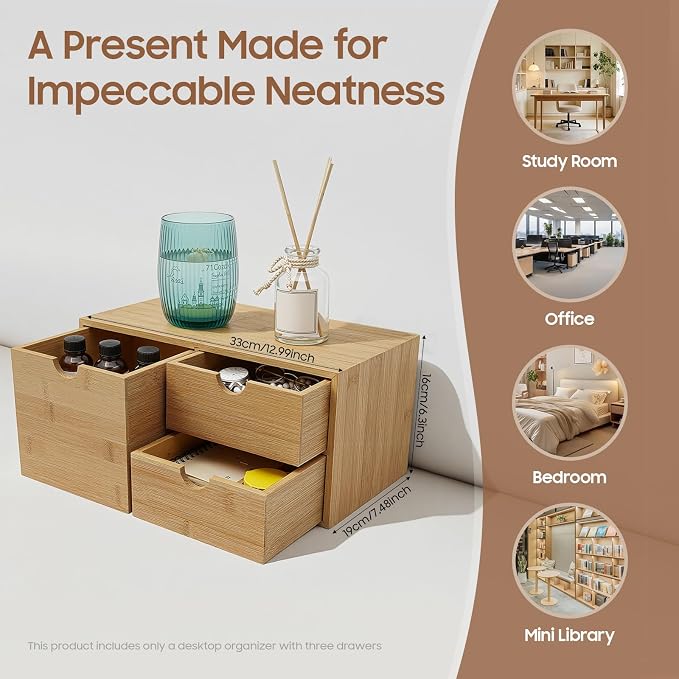 Ringmaster Bamboo Desk Organizer with 3 Drawers,Mini Desktop Organizer Drawer Tabletop Storage Organization Box for Office Home Supplies - Image 2