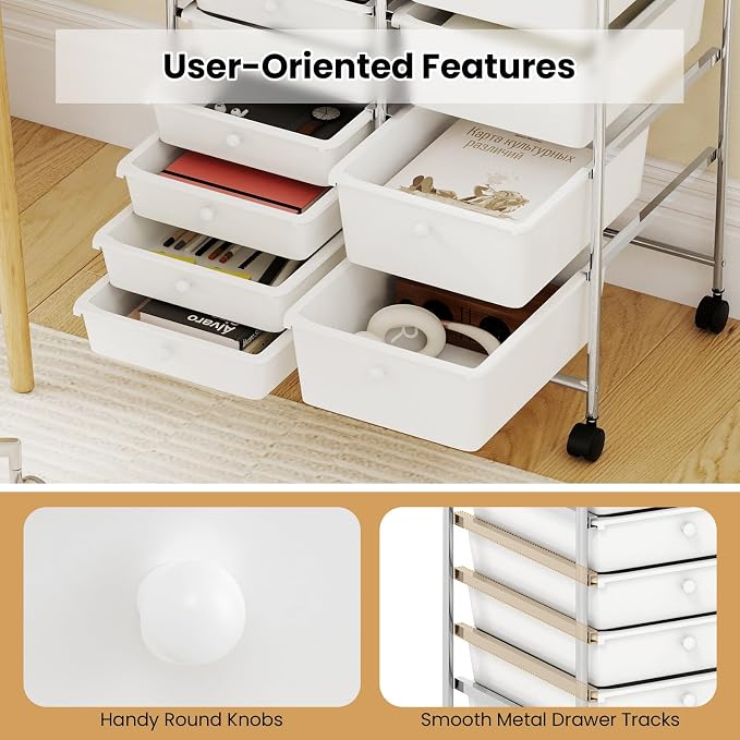Giantex 15 Drawer Rolling Cart with Drawers, Storage Organizer Cart for Classroom Office School Teacher, Mobile Drawer Cart for Tools, Crafts, Small Printer, Ivory - Image 9