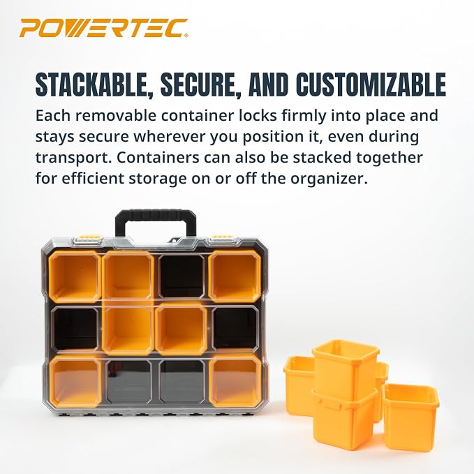 POWERTEC Small Parts Organizer & Tool Box – 10 Compartments, IP65 Water & Dust Protection, Stackable Storage with Interlocking Latch, Removable Tray, Clear Lid, Portable Design, 2-Pack (72365-P2) - Image 5