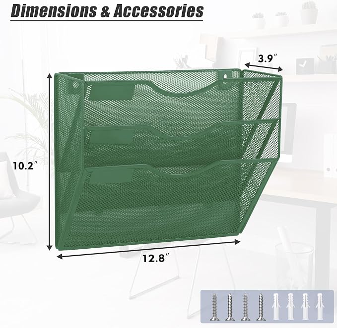 3 Pocket Mesh Hanging Wall File Organizer, Wall Mounted Mail Paper Document Folder Holder, Clipboard Storage Organization Magazine Rack with Nametag Label for Office Home School, Dark Green - Image 2