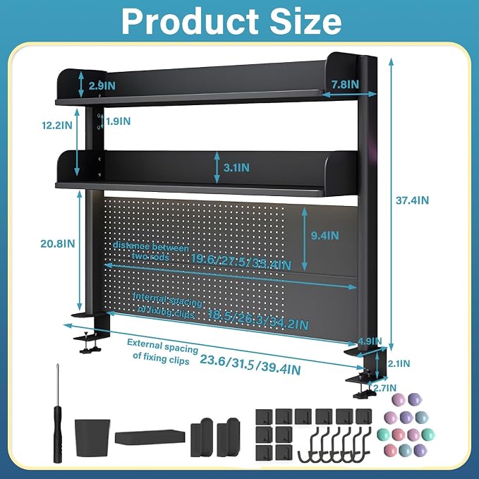 Clamp On Desk Pegboard Shelf, Black, 23.6in | Metal Desktop Organizer Hutch,Clamp-on Shelving System with 2 Shelves, Computer Desk Accessories,for Office, Dorm - Image 2