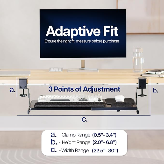 VIVO Large Height and Width Adjustable Under Desk Keyboard Tray, C-clamp Mount System, 22.5” to 30” (28.5” to 36” Including Clamps) x 11 inch Slide-Out Platform for Typing, Black, Mount-KBST1 - Image 2
