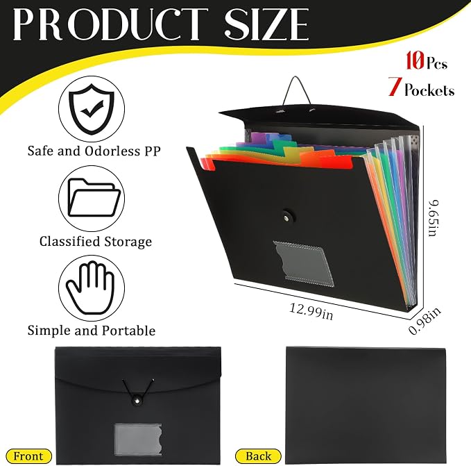 Glenmal 10 Pcs 7 Pocket File Folders File Organizer Expanding Folder with Labels Plastic Pocket A4 Letter Size Paper Organizer for Office Back to School Supplies(Black) - Image 2
