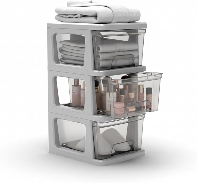 Plastic Drawer Wide Tower Plastic Storage Cart with Clear Pull Out Drawers, Silver (3 Drawer Wide Tower) - Image 4