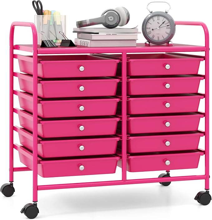 Giantex 12 Drawers Rolling Cart, Mobile Storage Drawer Cart, Classroom Organizer Cart for Office School Supplies Tools Scrapbook Paper Craft Small Printer, Utility Cart on Wheels, Hot Pink by Giantex