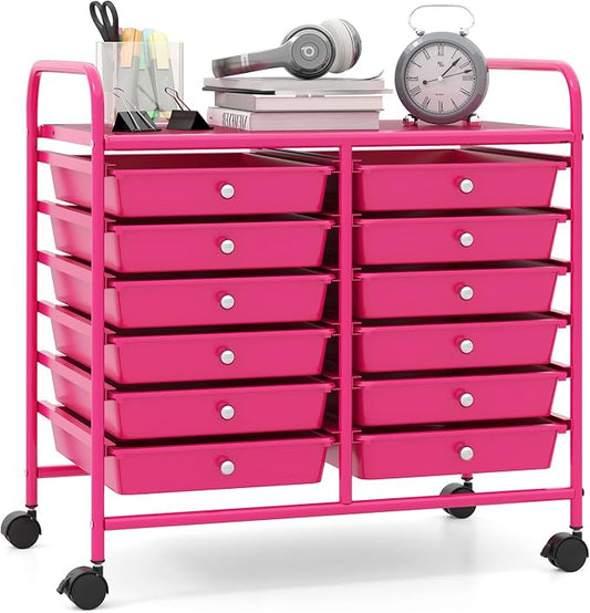 Giantex 12 Drawers Rolling Cart, Mobile Storage Drawer Cart, Classroom Organizer Cart for Office School Supplies Tools Scrapbook Paper Craft Small Printer, Utility Cart on Wheels, Hot Pink by Giantex