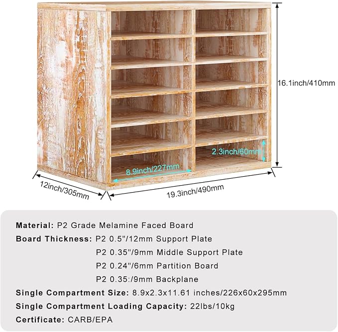 Countertop Mail Sorter Organizer, Wooden Literature Organizer, Student Mailbox for Classroom, Desktop Bill Organizer for Office Home School, 12 Compartments, Retro White - Image 2