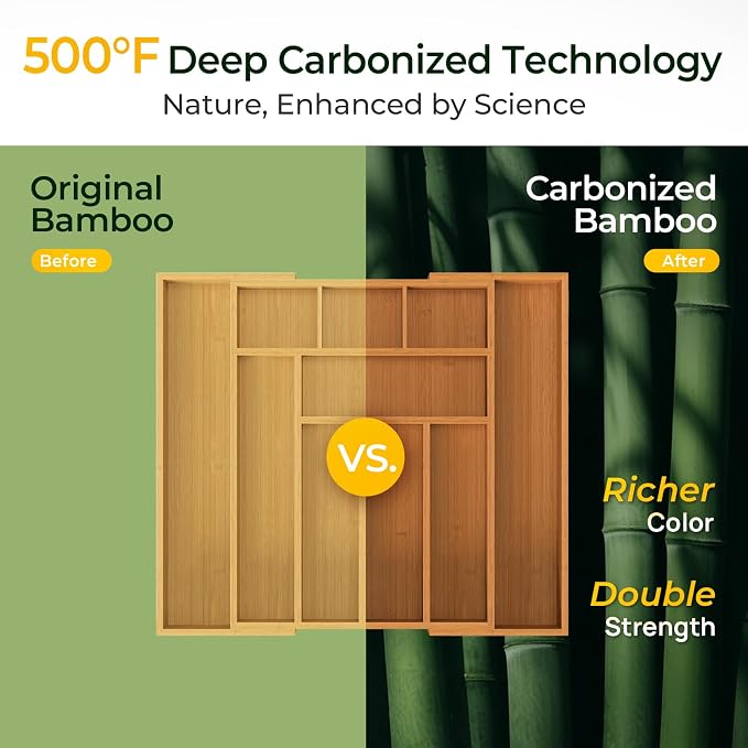 keechee Carbonized Bamboo Kitchen Drawer Organizer, 10 Slots Expandable Silverware Organizer, Utensil Holder & Cutlery Tray, 2.2" Deep for Extra Capacity, Non-Slip Feet Included - Image 4