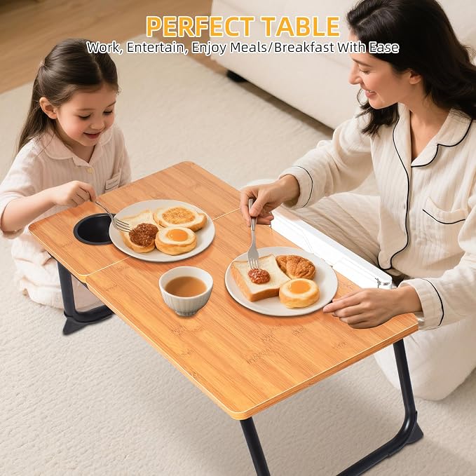 Adjustable Laptop Bed Table with Book Stand, Portable Reading Desk with Side Panel, Wood Grain - Image 3