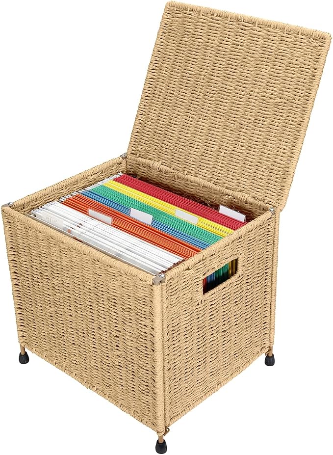 URFORESTIC Seagrass File Filing Cabinet File Box Organizer | Collapsible Letter Size Hanging File Box Organizers with Lid | Decorative Seagrass Filing & Storage Office Box | Letter Size (Natural) by URFORESTIC