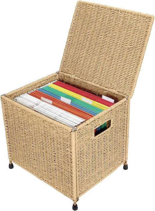URFORESTIC Seagrass File Filing Cabinet File Box Organizer | Collapsible Letter Size Hanging File Box Organizers with Lid | Decorative Seagrass Filing & Storage Office Box | Letter Size (Natural) by URFORESTIC