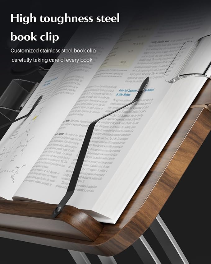 Book Stands for Reading,Adjustable Book Holder with 360° Rotating Metal Base,Foldable Cookbook Stand, Reading Hands Free with ABS Expandable Page Clips for Recipe,Textbook,Laptop - Image 5