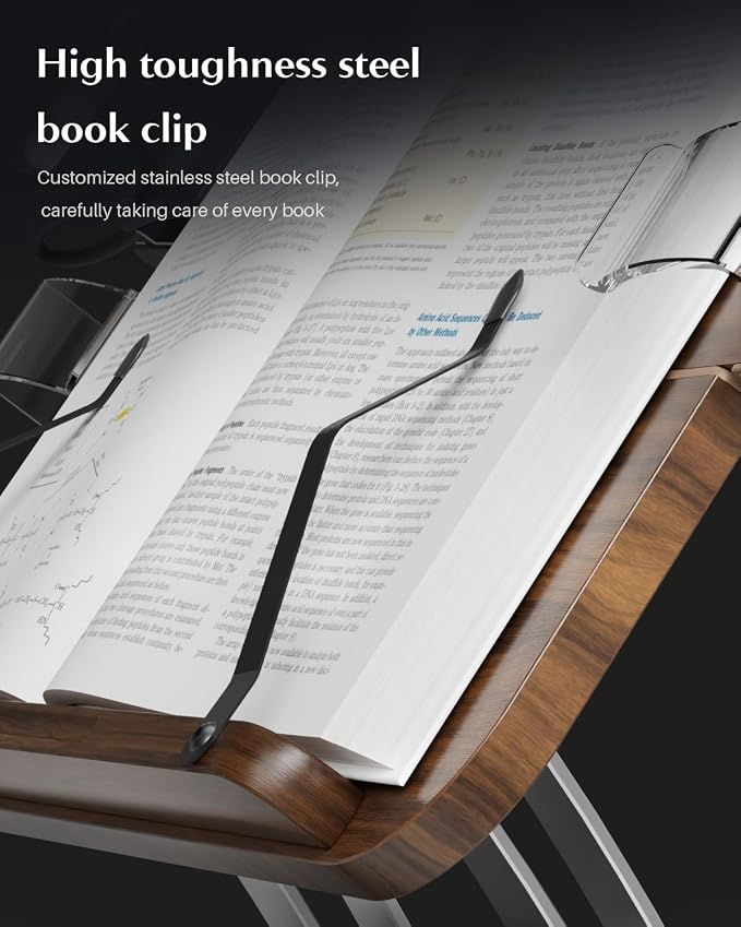 Book Stand for Reading,Adjustable Book Stand with Light,360° Rotating Metal Base,Foldable Cookbook Stand,Reading Hands Free with Page Clips for Recipe,Textbook,Cookbook（3CCT & CRI 90） - Image 7