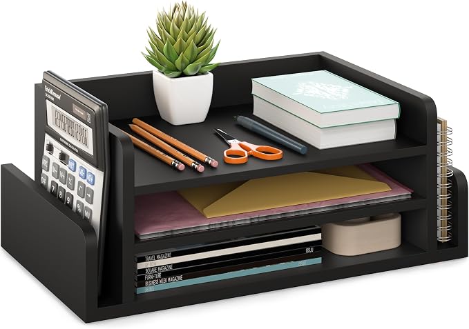 Ballucci 3-Tier Desk Organizer with 2 Side Mail Sorter Slots, Wood Letter Tray, Open Top Paper Organizer, Desktop File Organizer, Black by Ballucci