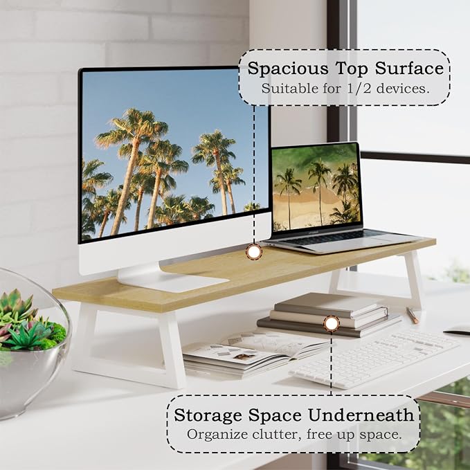 TEAMIX 31.5 inch Dual Monitor Stand Riser, Laptop/TV Stand, Desk Organizer | Long Stand Riser for 2 Monitors, Wood & Steel Computer Stand, Holds 150lbs, Keyboard & PS5 Storage, For Home Office & Gaming - Image 3