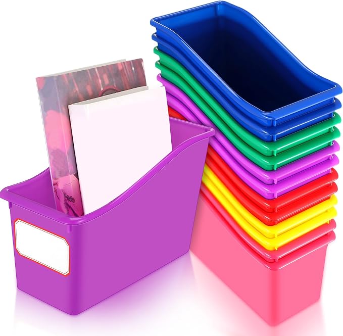 Teling 12 Pcs Book Bins Bulk for Classroom Storage Plastic Magazine Holder with Label Interlocking File Folder Organizer Binder Container Box for School Office Desktop Bookshelf Home (Rainbow) by Teling