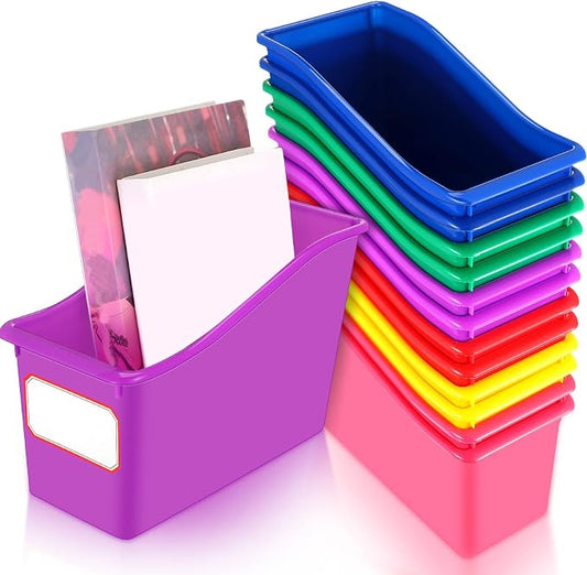 Teling 12 Pcs Book Bins Bulk for Classroom Storage Plastic Magazine Holder with Label Interlocking File Folder Organizer Binder Container Box for School Office Desktop Bookshelf Home (Rainbow) by Teling