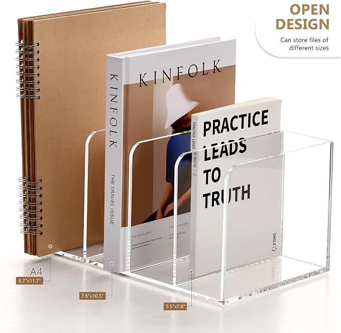 SANRUI Acrylic Magazine Holder Desk Organizer Workspace Sorter Clear 4 Slot | Bookend File Sorter Holder,Folder Rack, Office Accessories Organization Storage with 4 Vertical Compartments - Image 3