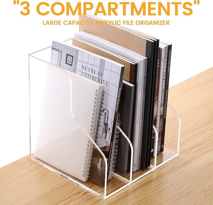 HeZone Desk File Organizer, Acrylic Magazine File Holder with 3 Vertical Compartments Rack File Sorter for Office Home Classroom Desk Organization, Clear… - Image 3
