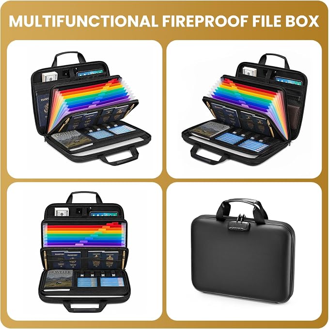 Fireproof Document Box with Lock, Hard case Fireproof File Organizer with 13 Pocket Accordion File Folders, Portable Safe Box for Home Office Travel to Storage Important Documents Laptop - Image 7