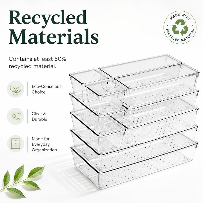 Drawer Organizer, 10 Pack Large Clear Plastic Organizer Bins 5 Sizes, Versatile Bathroom Drawer Trays, Heavy Duty Non‑Slip Drawer Dividers for Makeup, Office & Kitchen Utensils - Image 3