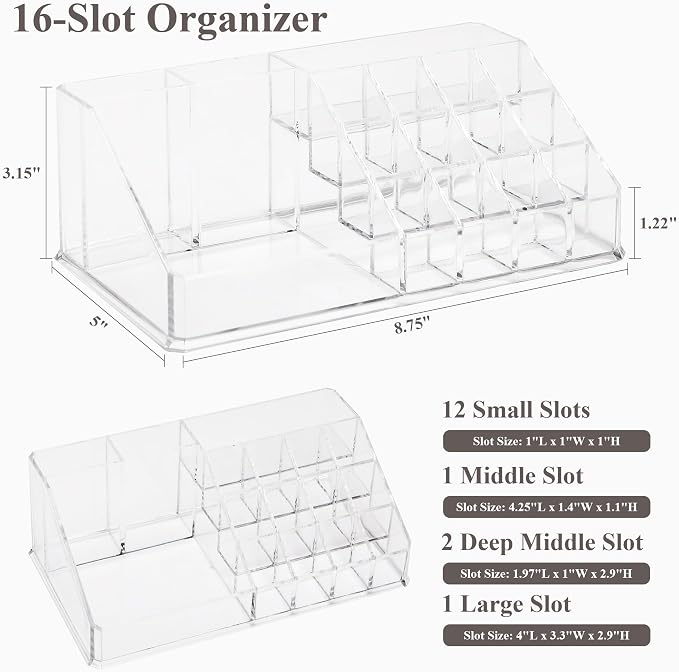 Sea Team Stackable Clear Acrylic 16-Slot Lipstick Organizer for Vanity | Makeup Storage Box, Cosmetic Display Case, Holder for Lippie, Gloss, Brush, Eye Liner, Eyebrow Pencil, Nail Polish, Essence - Image 2