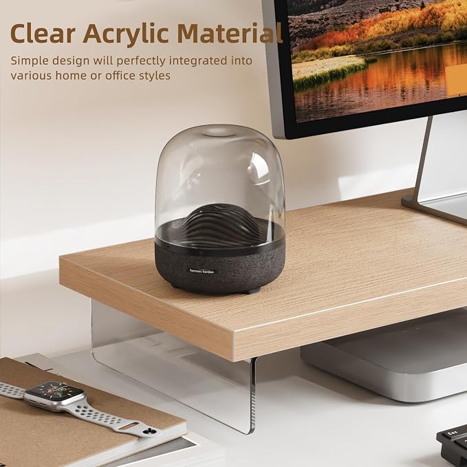Monitor Stand Riser, 25x10 in Wood & Acrylic Computer Desk Organizer Shelf | Computer Monitor Stand With Wood & Acrylic Design; Works As Laptop Riser, Printer Stand, TV Screen Riser And Desk Organizer. - Image 3
