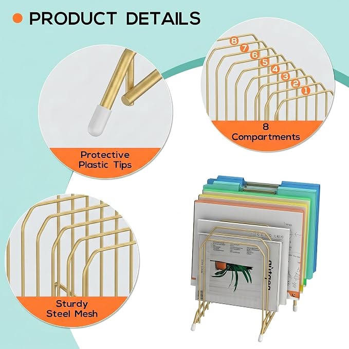 Incline Sorter Desk File Organizer, Metal Desk Magazine Folder Holder with 8-Section Vertical Compartments Rack File Organizer for Office, Home, School - Image 3