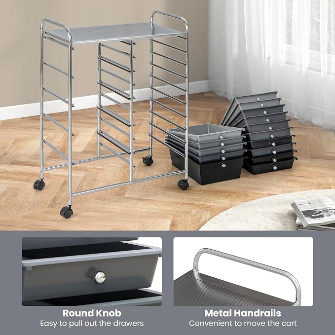 GOFLAME 15-Drawer Rolling Storage Cart, Craft Storage Cart with Removable Drawers & Lockable Wheels, Art Cart Supply Storage Organizer for Home Office Classroom, Gray Gradient - Image 6