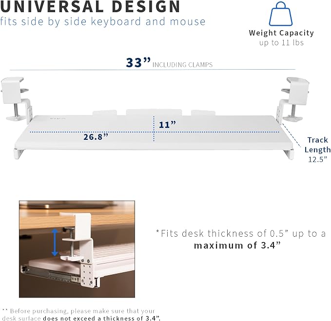VIVO Large Height Adjustable Under Desk Keyboard Tray, C-clamp Mount System, 27 (33 Including Clamps) x 11 inch Slide-Out Platform for Typing, White, MOUNT-KB05HW - Image 4