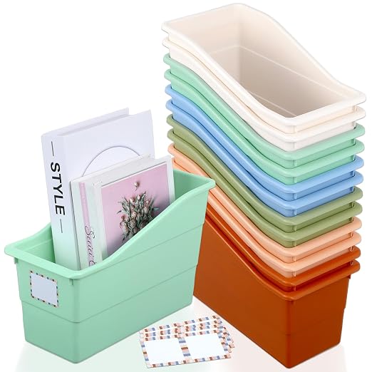 gisgfim 12 Pack Large Book Bins with Labels (Boho) | Durable Plastic,Stackable Magazine Organizer,Storage Bins for Classroom,Library,Office,Bookshelf Categorization by gisgfim