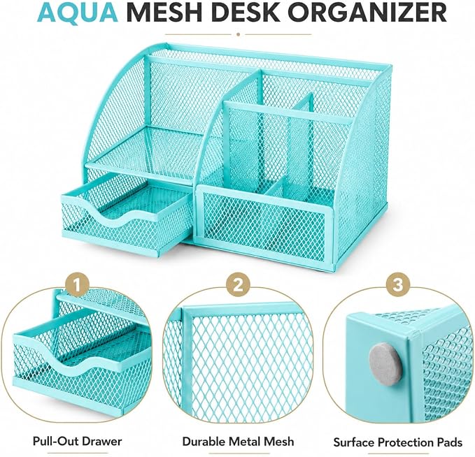 Exerz Desk Organizer 7 Compartments Metal Mesh Pen Holder Turquoise | Fresh Desktop Storage for Notes Clips Scissors Rulers Craft Tools Makeup Study Supplies and Home Use - Image 3