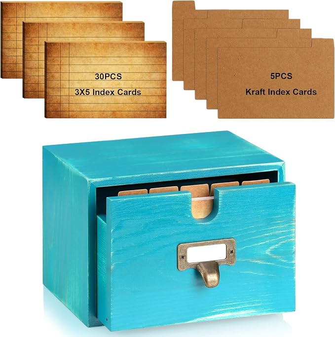 Blue 3x5 Index Card Holder with Drawer Wooden Index Card Box Vintage Card Catalog Box 30 Vintage Library Note Cards 5 Kraft Dividers for School Office Dorm Room Bedroom by DLUGOPIS