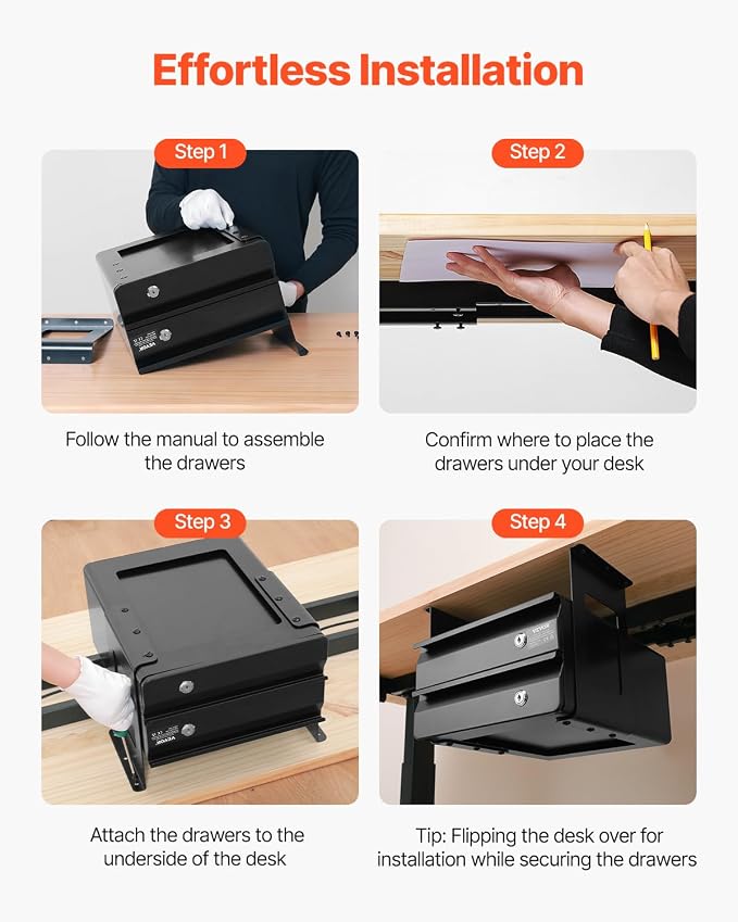 VEVOR Under Desk Double Stacked Lockable Slide Out Drawer, 13 inch Lockable Under Table Pull-out Drawer Attachment for Sit Stand Workstation, Secure Under Desk Storage Organizer, Black - Image 7