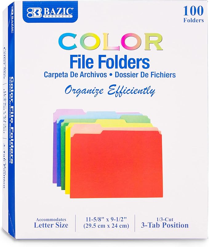 BAZIC Products Assorted Color File Folder, 1/3-Cut Tab, Letter, 100 Ct Box | staggered tabs, Fit standard file drawers and cabinets by BAZICProducts