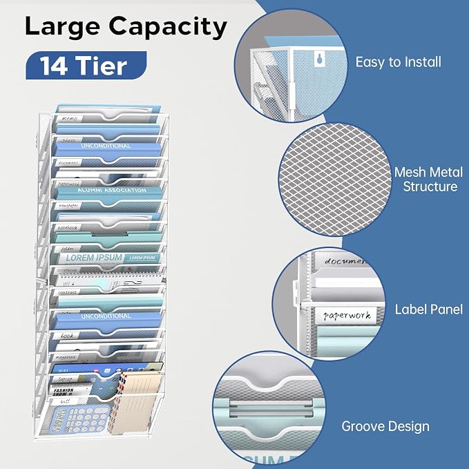 14-Tier Wall File Organizer and Hanging File Organizer, White | Wall Organizer and Wall Mounted File Holder with 14 Pockets and Label Panels for Files, Mail, Folders, Magazines and Paper - Image 8