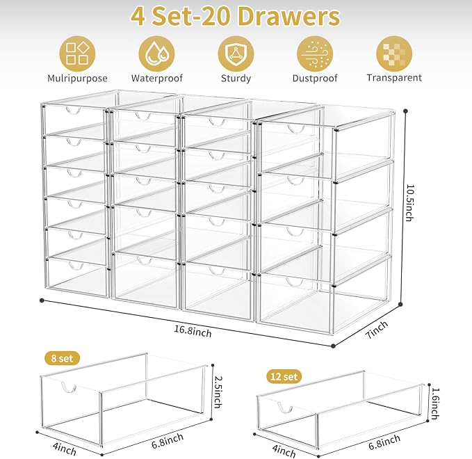 20 Drawers Acrylic Makeup Organizer, stackable Acrylic Storage Drawer | 4 Set Clear Storage Drawers, Acrylic Drawer Organizer for Desktop Office Supplies Make Up Pen Accessories - Image 2