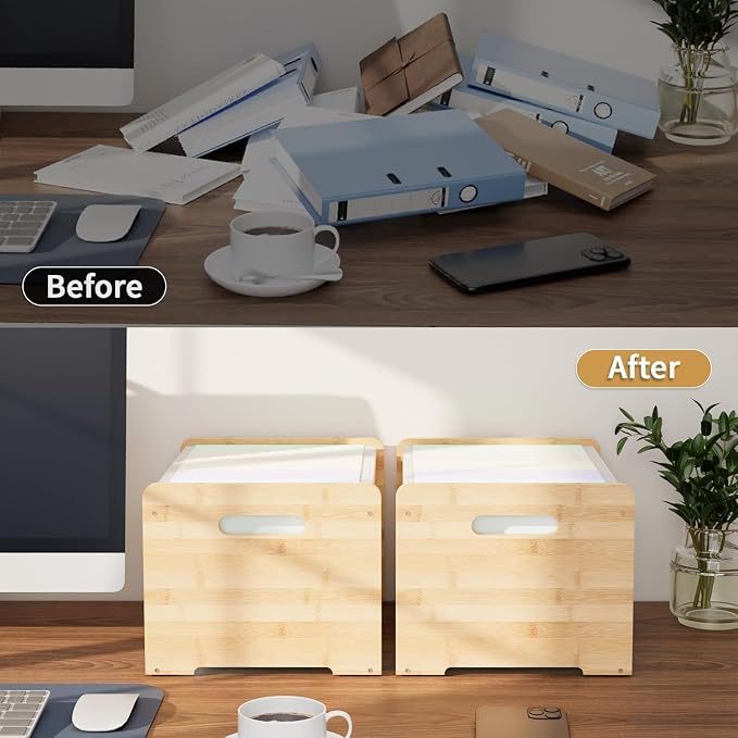 Bamboo Hanging File Organizer, Desktop File Box, Open Top, 2 Pack, Natural | Open-Top Access, 4 Hanging Folders Included, Letter & Legal Files, Sliding Rails, Reinforced Handles, Easy Assembly - Image 5