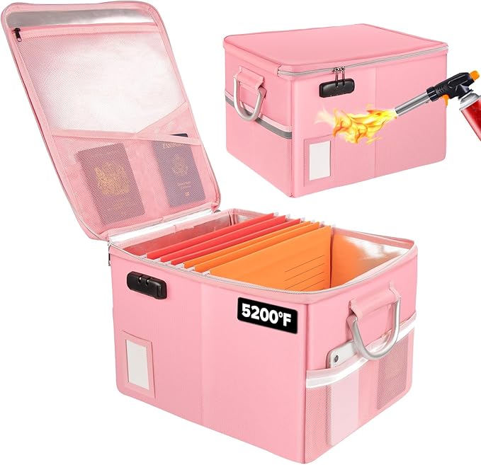 TOMKID 5200°F Fireproof Document Box, Fire Important Document Organizer with Lock, Upgraded Heat Insulated Filing Storage Cabinet Office Organization (5200°F Fireproof Box, Pink) by Aobteeny