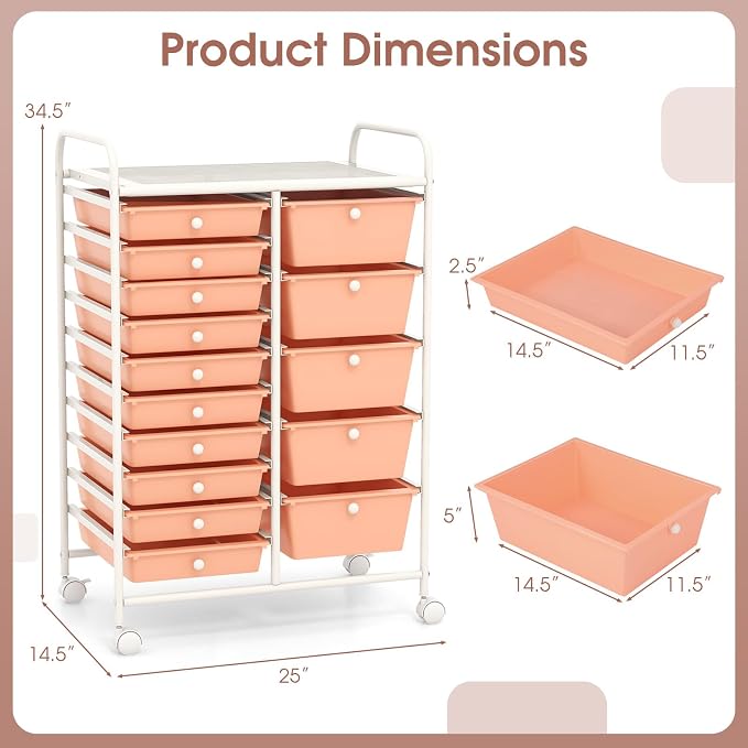 Moccha 15-Drawer Rolling Storage Cart - Under Desk Storage Drawers with wheels for Craft Art Supply Paper Salon, Scrapbook Paper Tools, Mobile Utility Cart for Classroom (15 Drawers, Peach) - Image 3