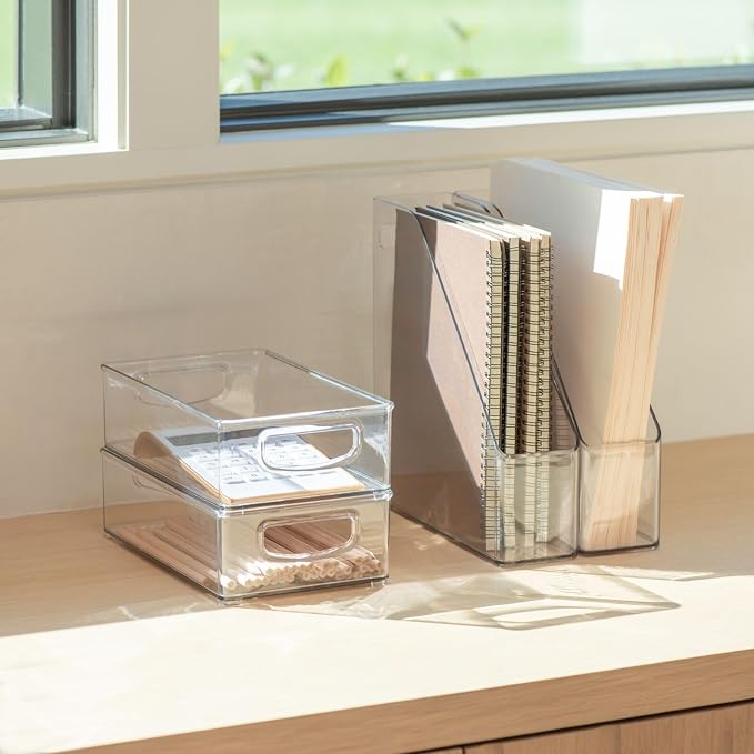 mDesign Plastic Slim Vertical File Folder Storage Organizer Bin with Handle - Hold Notebooks, Binders, Envelopes, Magazines for Home Office, Work Desktops, Ligne Collection, 2 Pack, Clear - Image 7