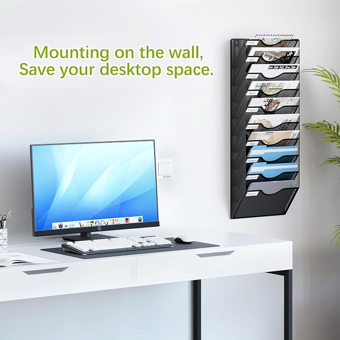 EasyPAG 10 Pocket Mesh Wall File Organizer, Hanging Paper Folder Holder with Classify Label, Vertical Wall Mount Mail Organizer for Office Home Classroom, Black - Image 2